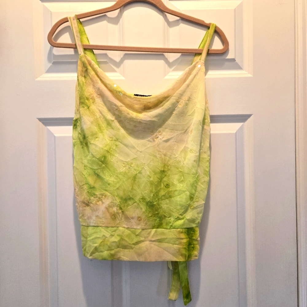 Vintage Y2K Sleeveless Top M Green Floral Sequin Embroidered Tank Cowl Neck Tie